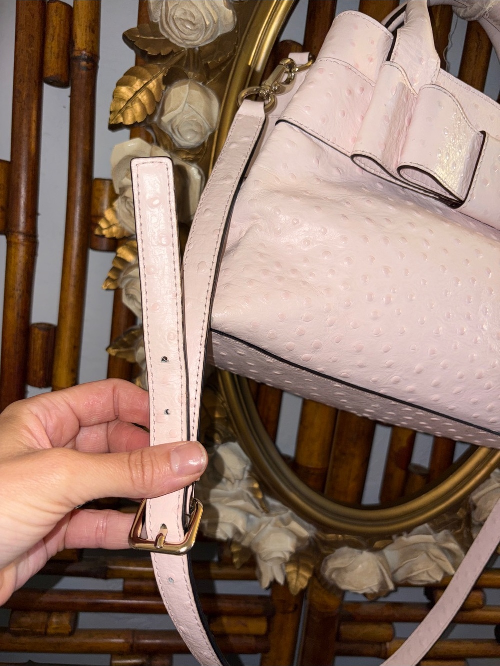 Blush Pink Ostrich-Texture Bow Satchel Handbag - Picture 4 of 10